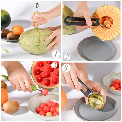 

4 In 1 Melon Baller Scoop Stainless Steel Watermelon Cutter Fruit Carving Tool Set for Fruit Slicer Dig Pulp Separator