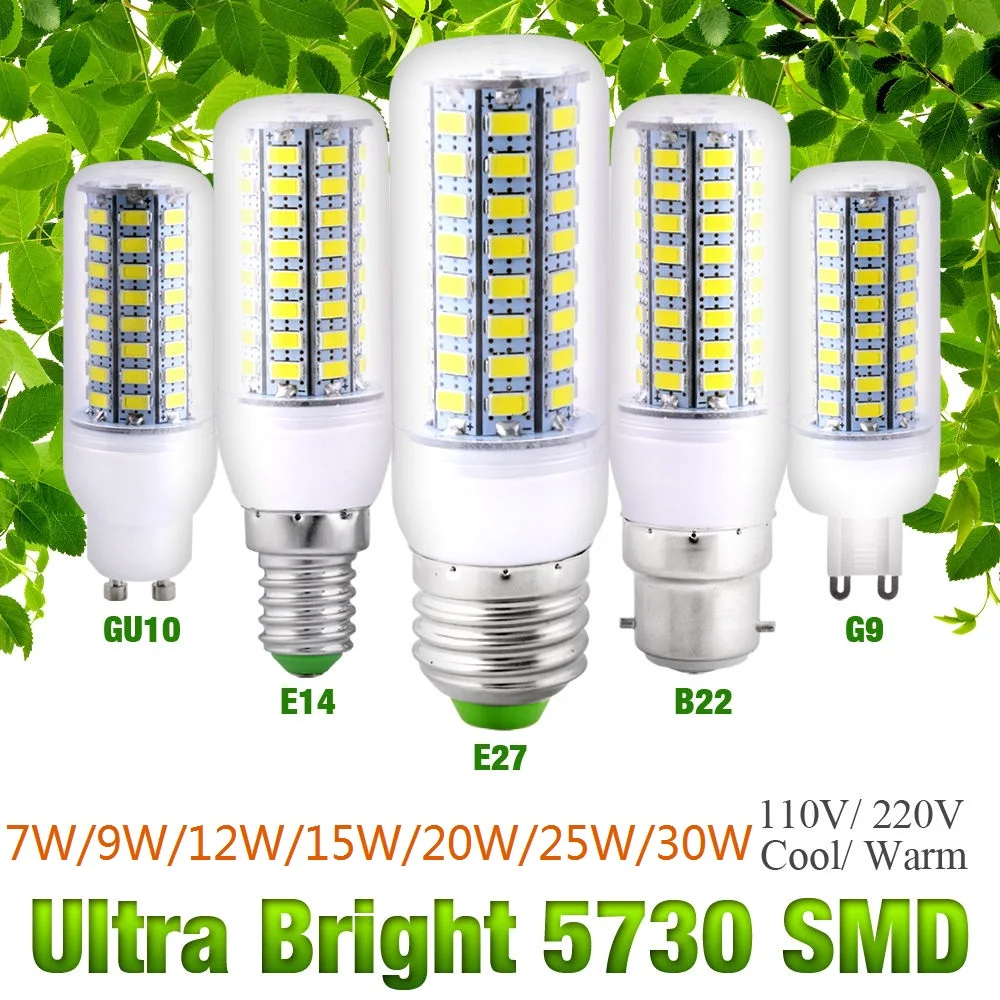 

High Bright LED Corn Light Bulb E27 B22 GU10 E14 G9 7W To 30W Cool/Warm White Lights AC110V / 220V Lamp Energy Saving Lights D30