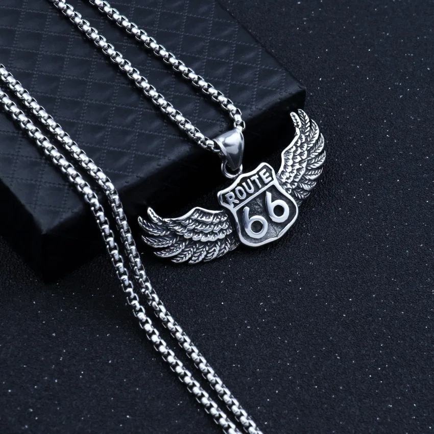 Chain Angel Wings Feathers ROUTE 66 Pendant Necklace for Men Hip-hop Jewelry Men 
Chain Angel Wings Feathers ROUTE 66 Pendant Necklace for Men Hip-hop Jewelry Men