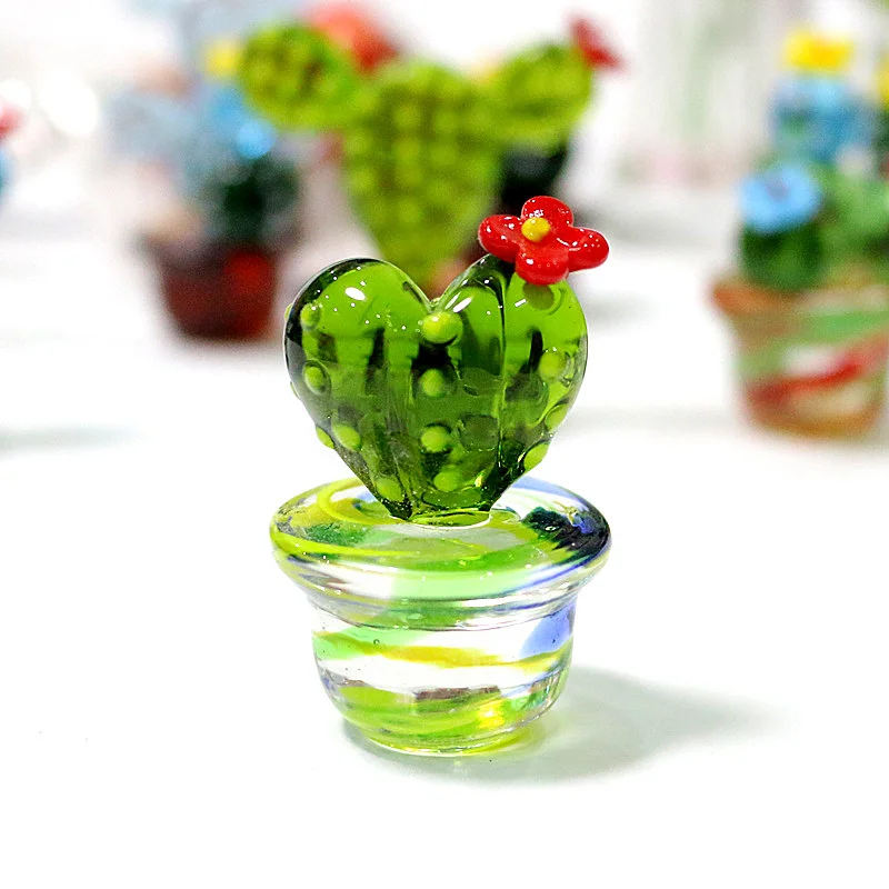 

Handmade Heart-Shaped Murano Glass Cactus Figurines Desktop Craft Ornament Creative Colorful Cute Miniature Plant For Home Decor