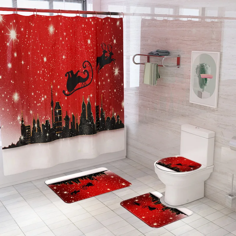 

Sleigh Santa Red Bathroom Curtains Merry Christmas Shower Curtain Set Bath Mats Rugs Pedestal Rug Lid Toilet Cover Anti-slip Mat