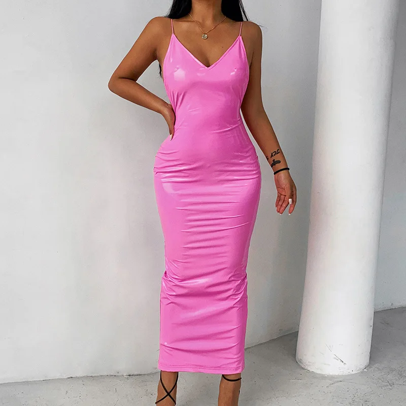 2021 Winter Women Sexy Spaghetti Strap Backless Bodycon PU Leather Ankle-Length Party Dress Elegant Solid Color Dresses Vestidos
2021 Winter Women Sexy Spaghetti Strap Backless Bodycon PU Leather Ankle-Length Party Dress Elegant Solid Color Dresses Vestidos