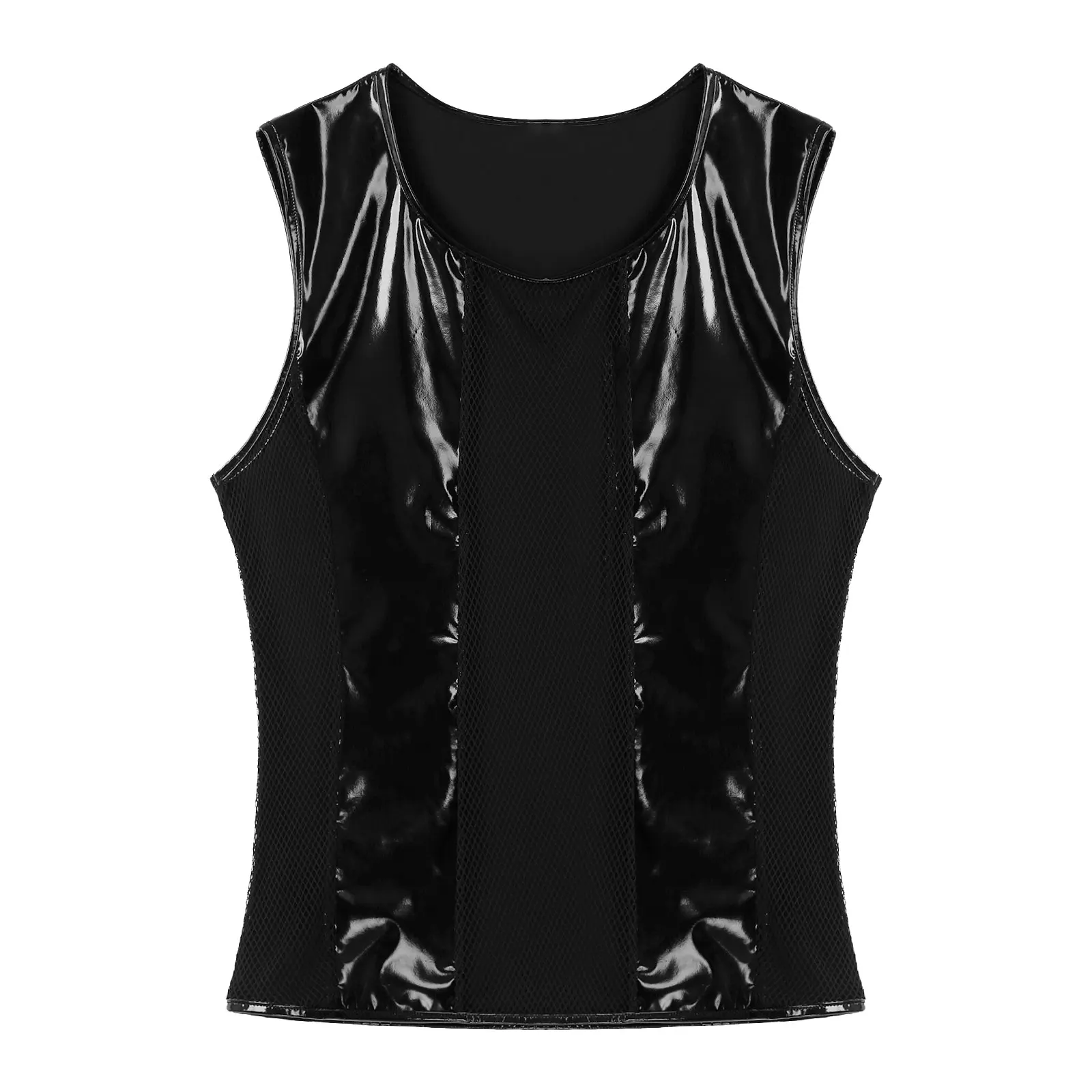 Mens Round Neck Sleeveless T-shirt Clubwear Hollow Out Fishnet Patchwork Patent Leather Tops Featuring with See-through Tops Tee
Mens Round Neck Sleeveless T-shirt Clubwear Hollow Out Fishnet Patchwork Patent Leather Tops Featuring with See-through Tops Tee