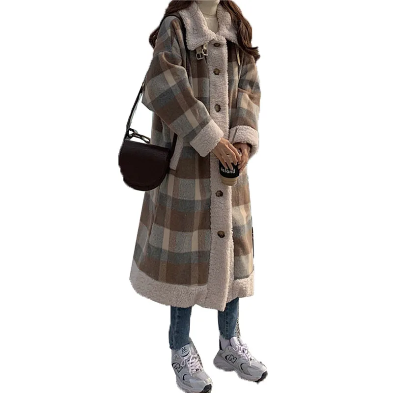 

Women's Plaid Coat Long Lamb Wool Splicing Quilted Blended Woolen Winter Coats Plus Size Keep Warm Casual Jacket Outwear Female