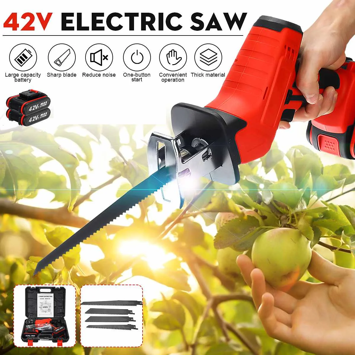 42V Cordless Reciprocating Saw Handsaw Metal Wood Pipe Cutting Multifunction Saw Rechargeable Li-ion Battery with 4PC Blades Kit
42V Cordless Reciprocating Saw Handsaw Metal Wood Pipe Cutting Multifunction Saw Rechargeable Li-ion Battery with 4PC Blades Kit