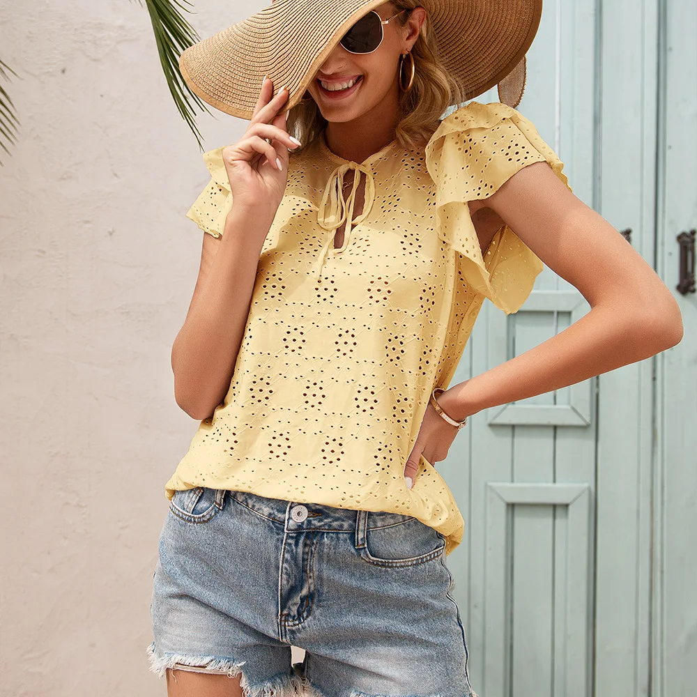 Round Neck T-shirt Women Summer New Fashion Wild Loose Casual Sexy Hollow Lotus Leaf Sleeve Western Style Shirt Short Top
Round Neck T-shirt Women Summer New Fashion Wild Loose Casual Sexy Hollow Lotus Leaf Sleeve Western Style Shirt Short Top