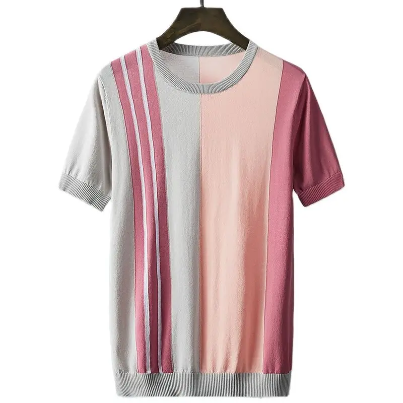 Men's short-sleeved T-shirt personality fashion ice silk knitted half-sleeved loose casual contrast color
Men's short-sleeved T-shirt personality fashion ice silk knitted half-sleeved loose casual contrast color