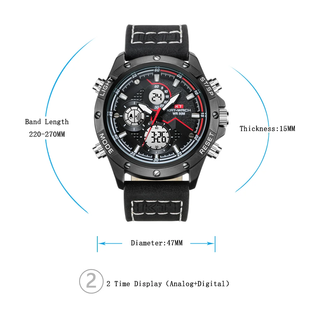 KT Watches Men 2020 Wrist Watch Quartz Sport Leather Gifts Luxury Waterproof Chronograph Analog Digital Mans Black KT1805 | Наручные часы