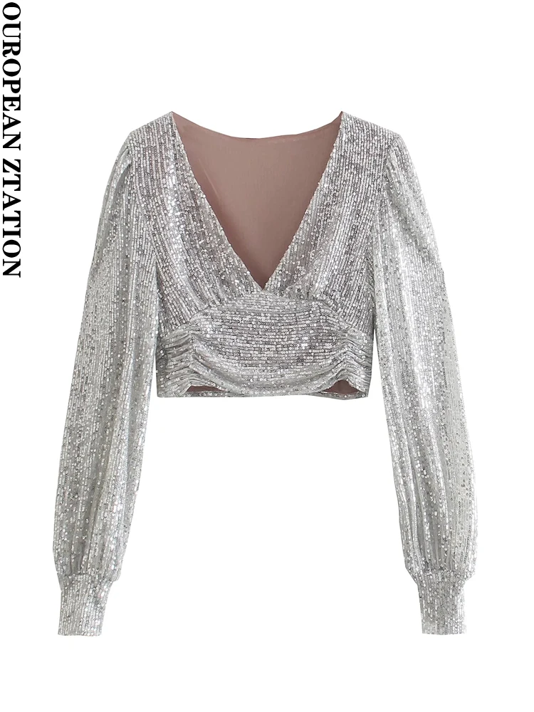 Sequined Woman Tshirt European Style Top Bling V-neck Female T Shirt Sexy Crop Top Elegant fashion long-sleeved Blouse
Sequined Woman Tshirt European Style Top Bling V-neck Female T Shirt Sexy Crop Top Elegant fashion long-sleeved Blouse