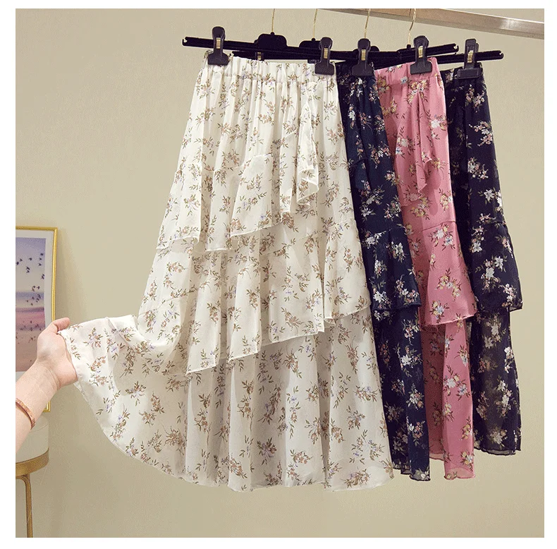 Small Skirt Female Summer Floral Chiffon Floral Irregular A- Line High Waist Long Women