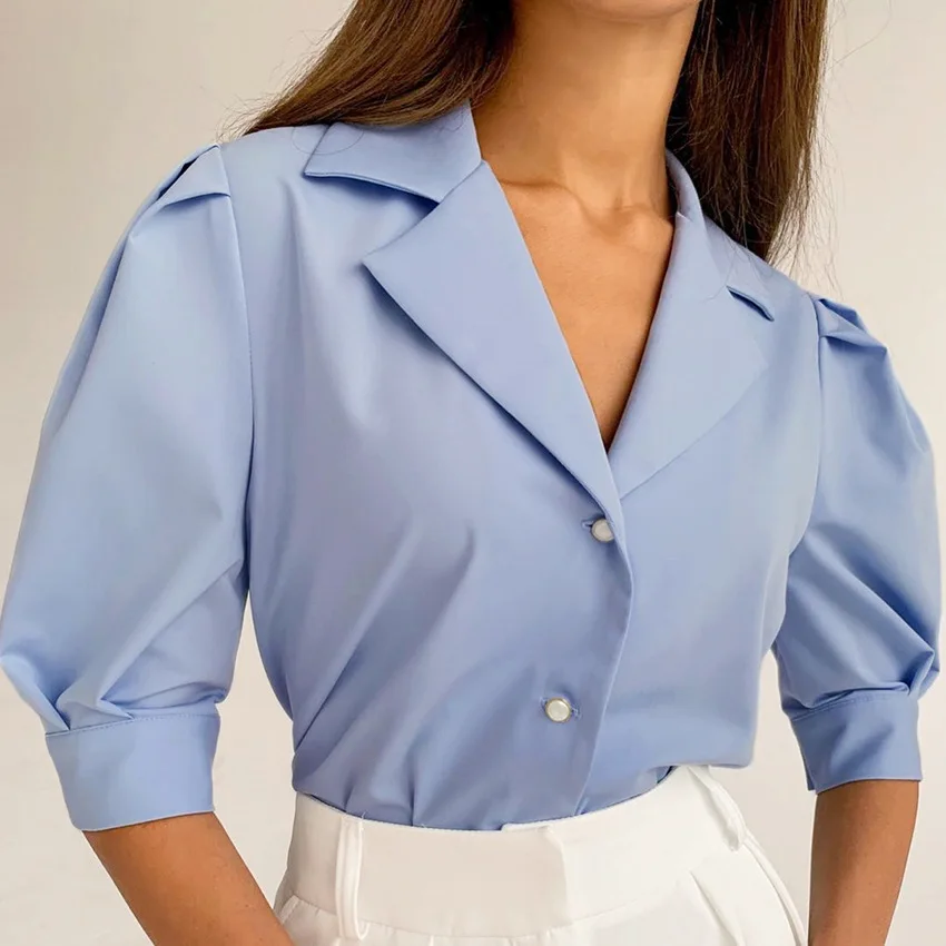 Women Office Lady Front Button Blouse Lantern Sleeve Notched Collar Solid Casual Shirt 2021 Summer Fashion Women Blouse and Tops
Women Office Lady Front Button Blouse Lantern Sleeve Notched Collar Solid Casual Shirt 2021 Summer Fashion Women Blouse and Tops