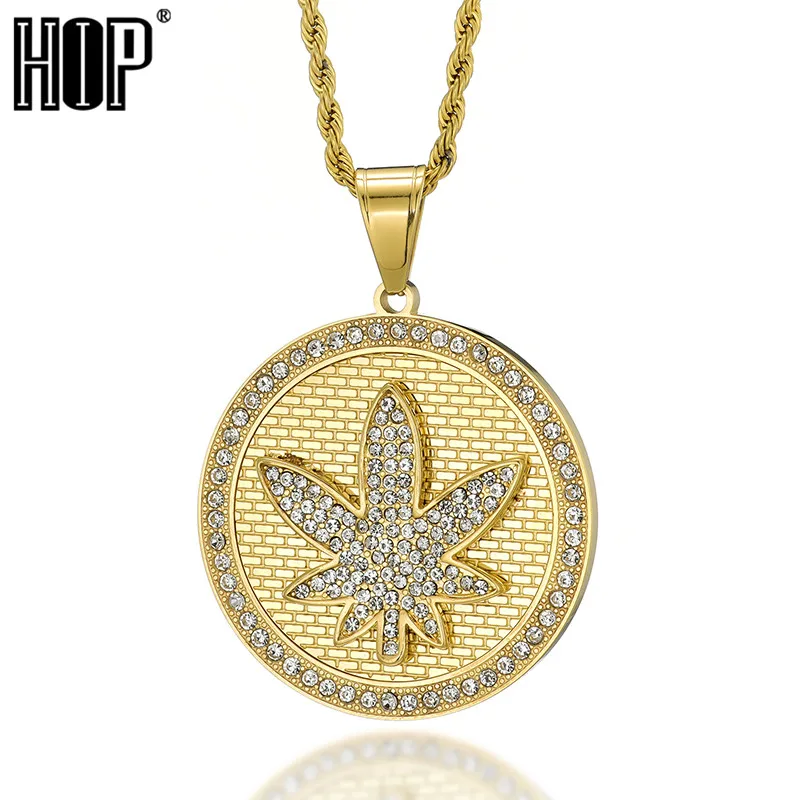 

HIP Hop Gold Color Stainless Steel Bling Full Rhinestoned Iced Out Round Dog Tag Hemp Leaf Pendants & Necklaces for Men Jewelry