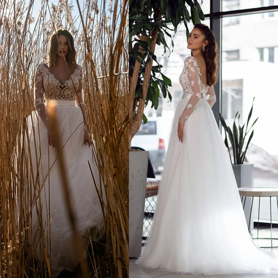 2020 Wedding Dresses V Neck Long Sleeves Appliques Lace Bridal Gowns Custom Made Backless Sweep Train Wedding Dress
2020 Wedding Dresses V Neck Long Sleeves Appliques Lace Bridal Gowns Custom Made Backless Sweep Train Wedding Dress