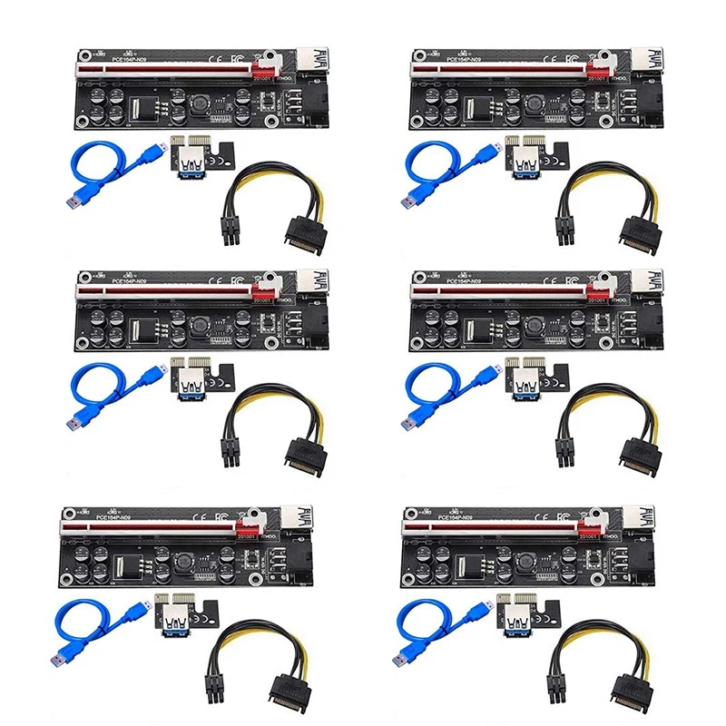 6 Pcs VER009S Plus PCI-E Riser Card PCI Express 1X to 16X with USB 3.0 Cable SATA to 6Pin Power Cable for Mining 
6 Pcs VER009S Plus PCI-E Riser Card PCI Express 1X to 16X with USB 3.0 Cable SATA to 6Pin Power Cable for Mining