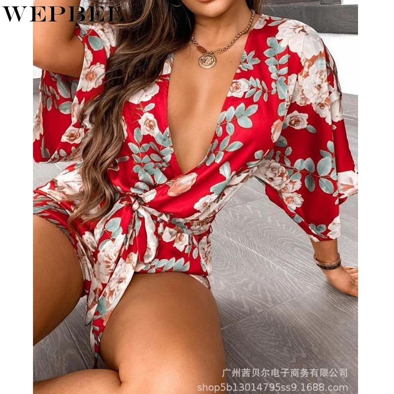 

WEPBEL Playsuits Women's Sexy Floral Print Loose Lace-up Playsuits Summer V-neck High Waist Batwing Sleeve Straight Playsuits