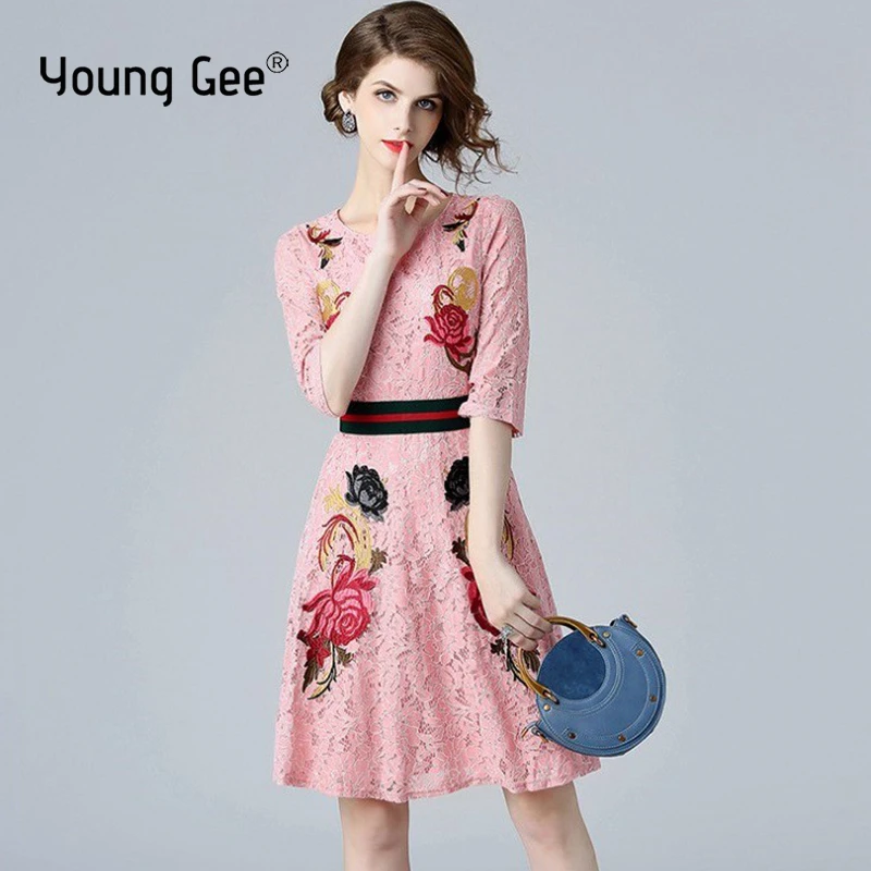 

Young Gee women's above knee pink lace dress 2021 new floral embroidered o-neck half sleeve dresses vestido de mujer femme robe