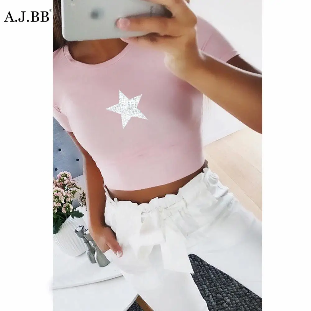 New European and American casual five star print women's T-shirt fashion slim o-neck solid color Short Sleeve Shirt Top
New European and American casual five star print women's T-shirt fashion slim o-neck solid color Short Sleeve Shirt Top
