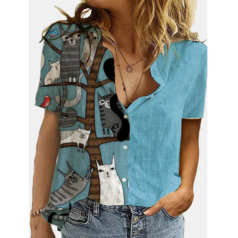 Summer Elegant Tunic Tops Women's Cartoon Print Short Sleeve Turn Down Collar Button Up Shirts Female Casual Blusen Damen Blouse
Summer Elegant Tunic Tops Women's Cartoon Print Short Sleeve Turn Down Collar Button Up Shirts Female Casual Blusen Damen Blouse