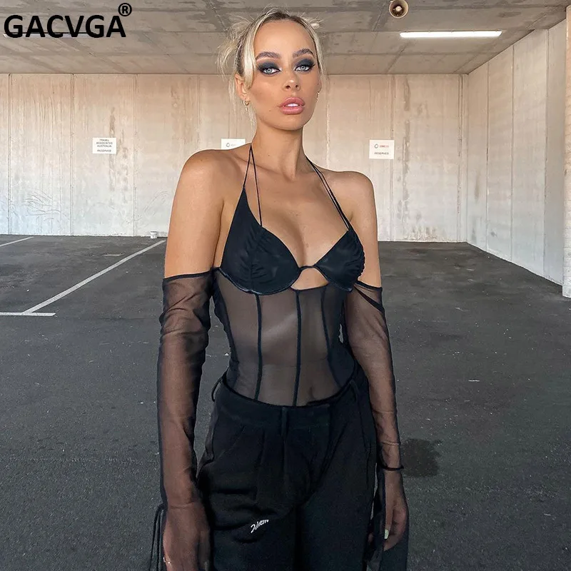 GACVGA Mesh Off-shoulder Black T-shirts Sexy Halter Backless Long Sleeve Transparent Crop Tops Femme Party Club Hollow Out Tees 
GACVGA Mesh Off-shoulder Black T-shirts Sexy Halter Backless Long Sleeve Transparent Crop Tops Femme Party Club Hollow Out Tees
