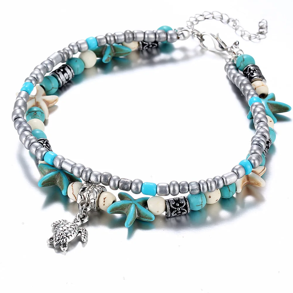 

Bohemian Crystal Stone Anklets Double Beach Foot Chain Conch Starfish Alloy Turtle Pendant Leg Bracelet Women Jewelry