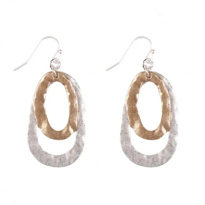 

Hammered Thumped Oval Gold Silver Color Tone Metallic Border Dangle Drop Earrings Chic Metallic Oval Dangle Drop Earrings