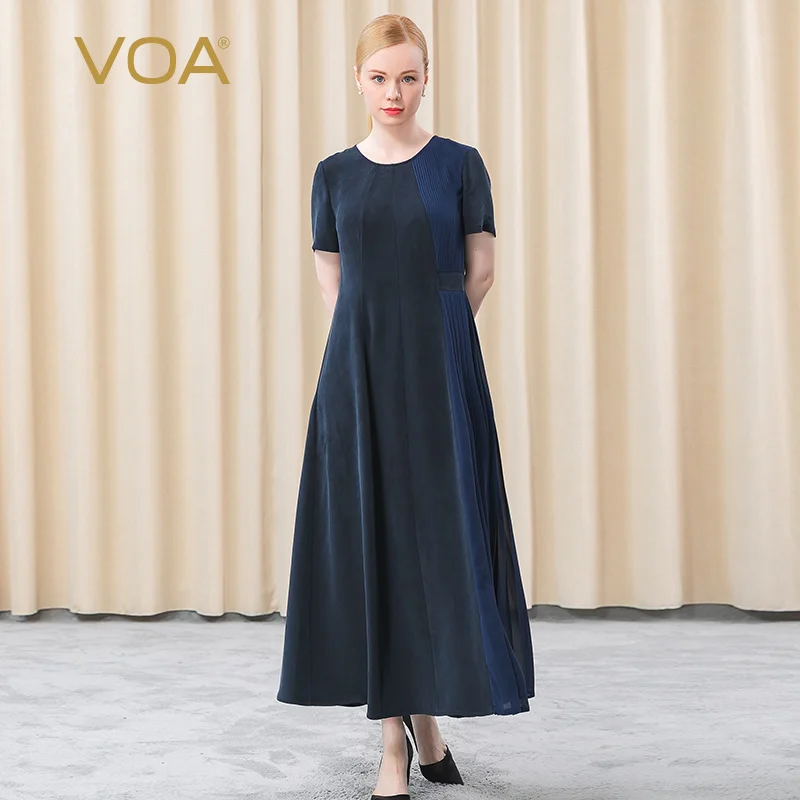 VOA Heavy Silk Navy 30m/m Elegant Round Neck Asymmetric Tuck Pleated Lady Skirt Dresses for Women Vintage Dress AE669
VOA Heavy Silk Navy 30m/m Elegant Round Neck Asymmetric Tuck Pleated Lady Skirt Dresses for Women Vintage Dress AE669