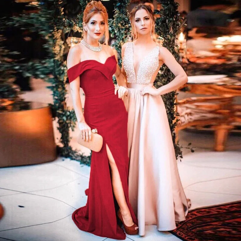 Burgundy V-neck Off Shoulder Mermaid Prom Dresses Leg Split Evening Gowns Simple Sweep Train Slim Evening Dress Robe De Soiree
Burgundy V-neck Off Shoulder Mermaid Prom Dresses Leg Split Evening Gowns Simple Sweep Train Slim Evening Dress Robe De Soiree