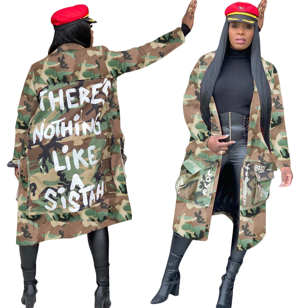 Plus Size Camouflage Trench Coat Women Autumn Casual Letter Print Coat Pockets Long Sleeve Overcoat Female Outwear High Street
Plus Size Camouflage Trench Coat Women Autumn Casual Letter Print Coat Pockets Long Sleeve Overcoat Female Outwear High Street