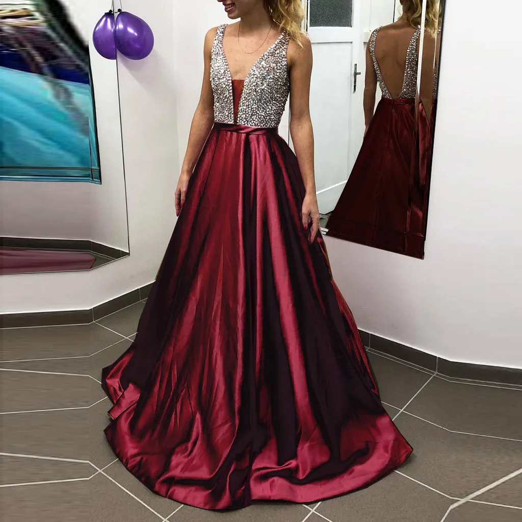 Женское платье с блестками длинное вечернее V образным вырезом для выпускного