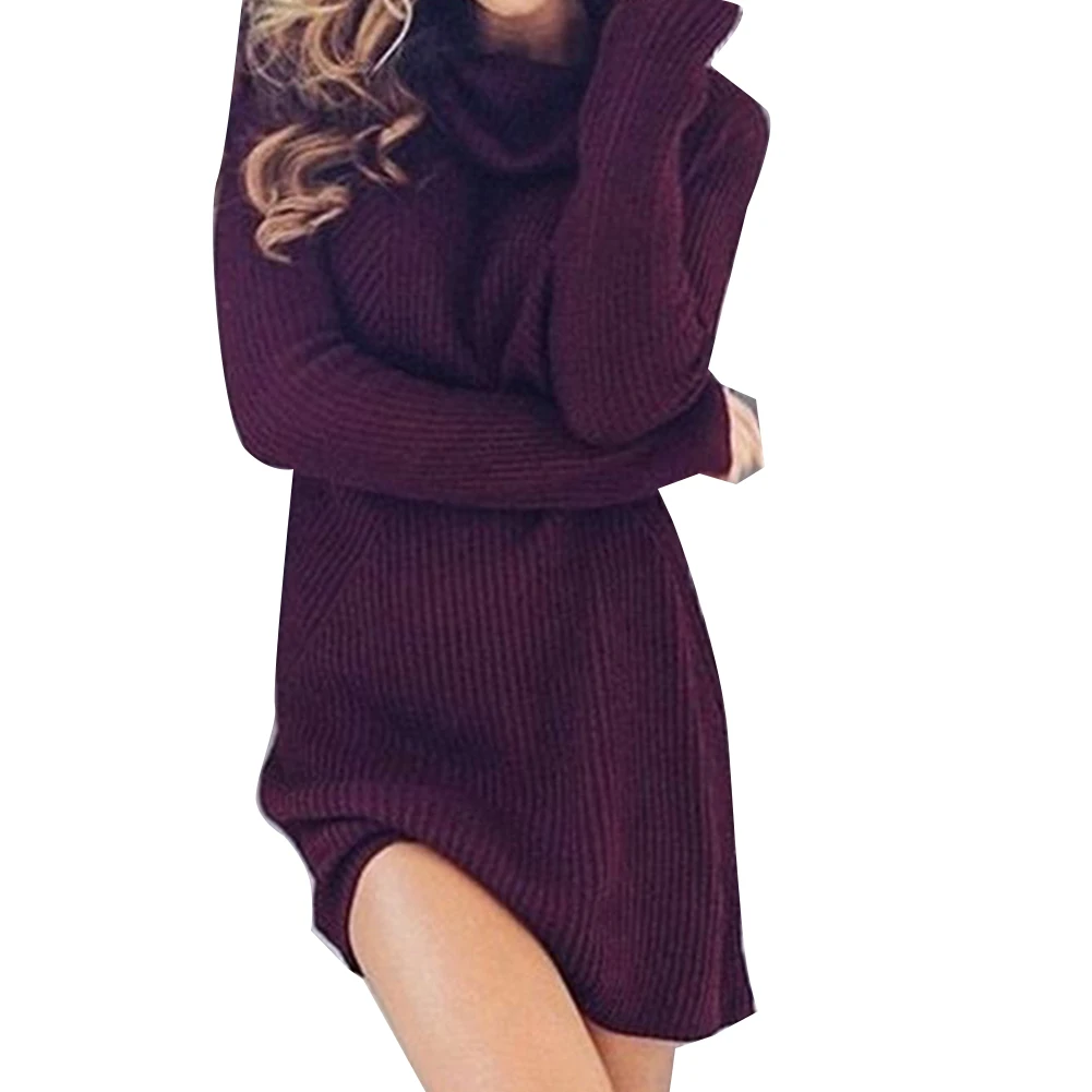 

Chic Women Solid Color Turtleneck Long Sleeve Casual Loose Knitted Sweater Dress Polyester/Spandex Casual Warm Women's Sweater