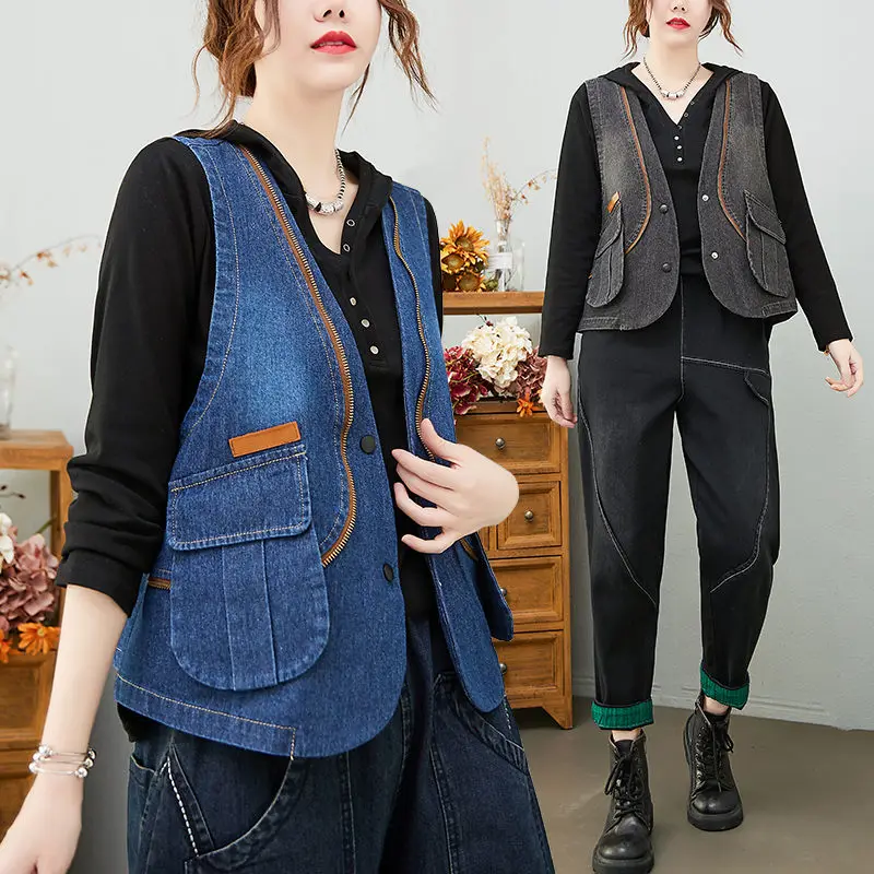 Spring Waistcoat Women 2022 New Contrast Color Stitching Denim Vest Jacket Ladies V-Neck Short Large Size Sleeveless Coat M2134
Spring Waistcoat Women 2022 New Contrast Color Stitching Denim Vest Jacket Ladies V-Neck Short Large Size Sleeveless Coat M2134