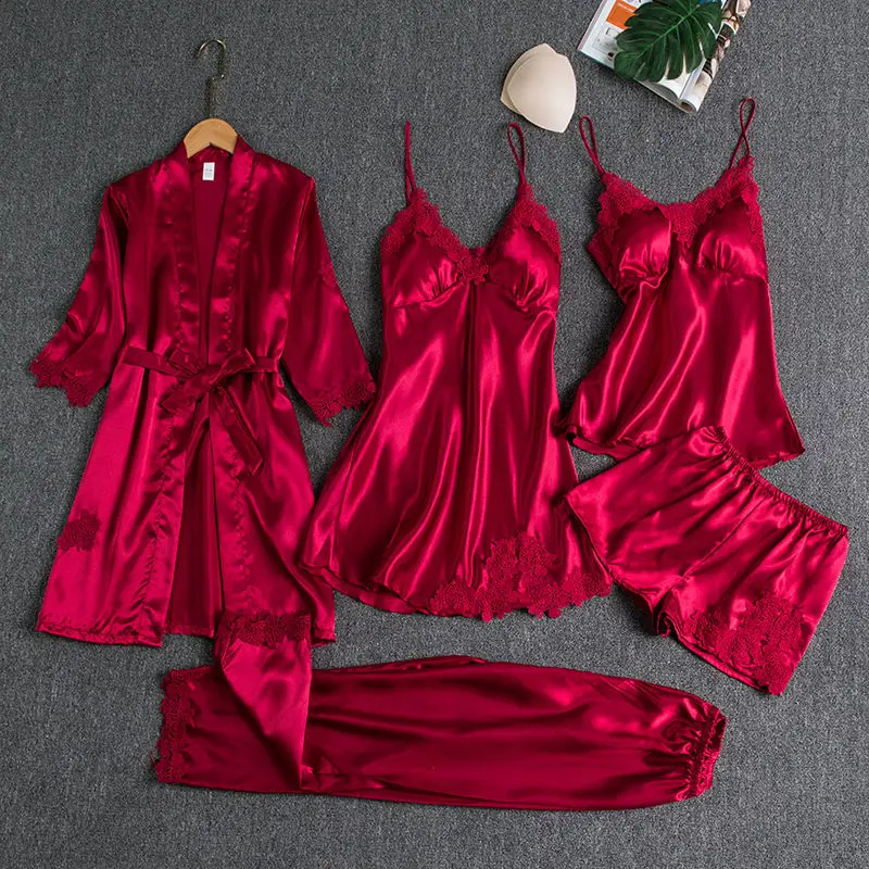 5PCS Sleepwear Female Pajamas Set Satin Pyjamamas Sexy Lace Patchwork Bridal Wedding Nightwear Rayon Home Wear Nighty&Robe Suit
5PCS Sleepwear Female Pajamas Set Satin Pyjamamas Sexy Lace Patchwork Bridal Wedding Nightwear Rayon Home Wear Nighty&Robe Suit