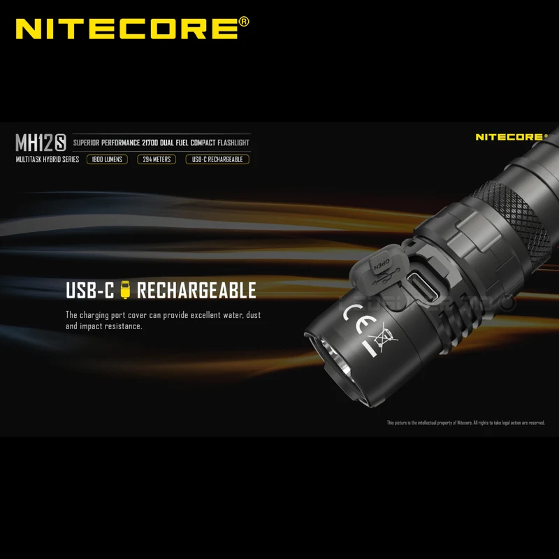 Высокопроизводительный компактный двухтопливный фонарик NITECORE MH12S 1800 люмен 21700 с