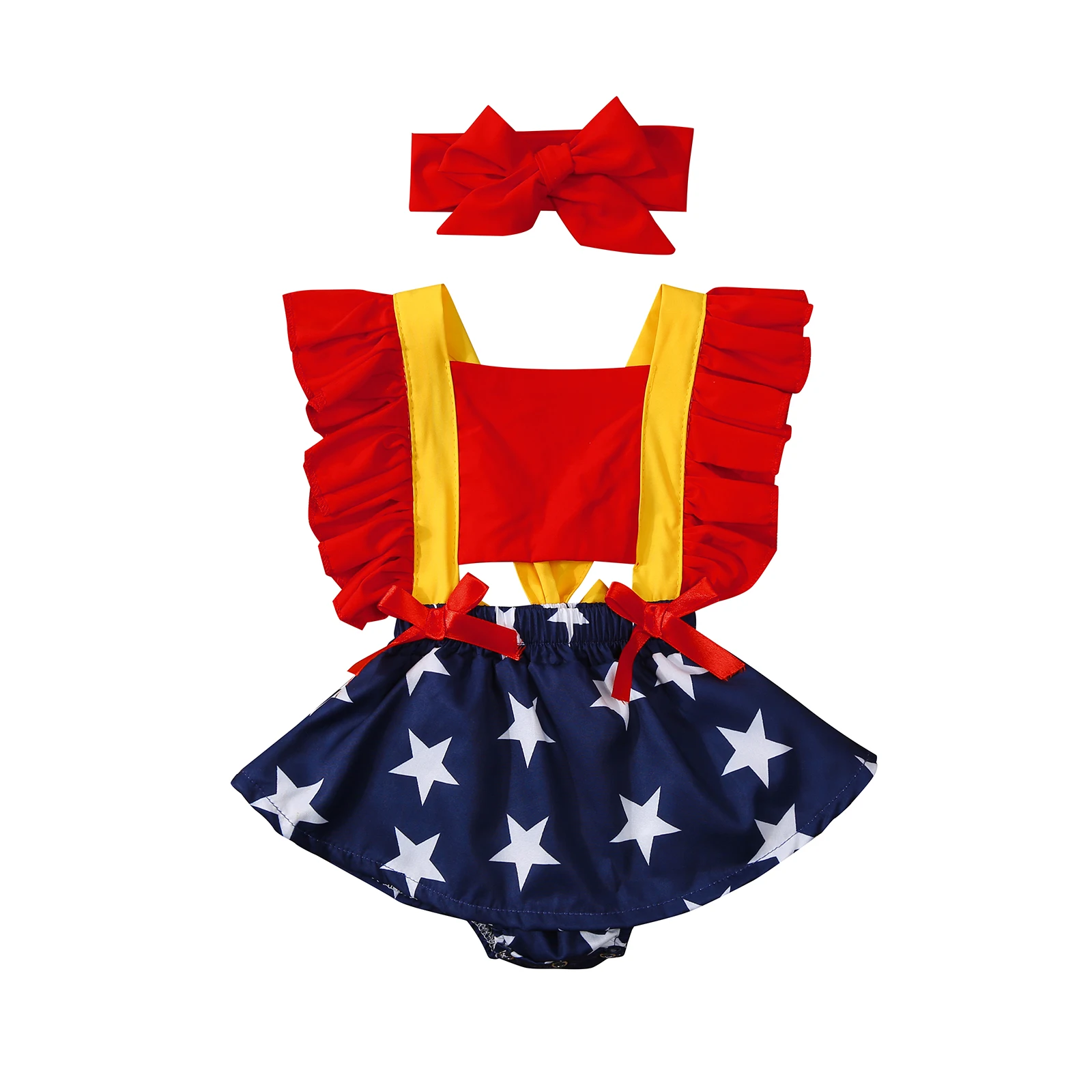 

Independence Days Baby Girls Boys Rompers Headband Ruffles Short Sleeve Star Printed Patchwork Jumpsuits 0-24M