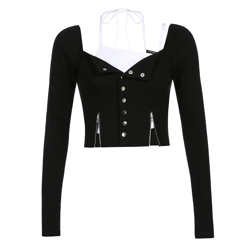 2021 New Women's Personality Zipper Hem Buttoned V-neck Two-piece Long-sleeved T-shirt Women's Slim Short Top
2021 New Women's Personality Zipper Hem Buttoned V-neck Two-piece Long-sleeved T-shirt Women's Slim Short Top