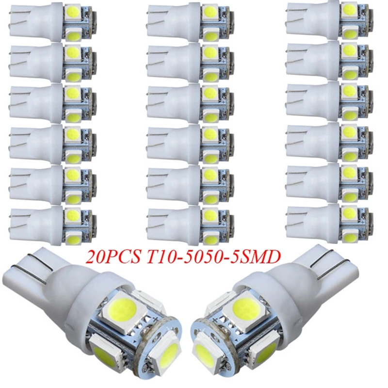 

20Pcs White T10 W5W 5050 5SMD 168 194 192 DC 12V License Plate Led Bulbs For Car Interior Lights Reading Light Trunk Light Bulb