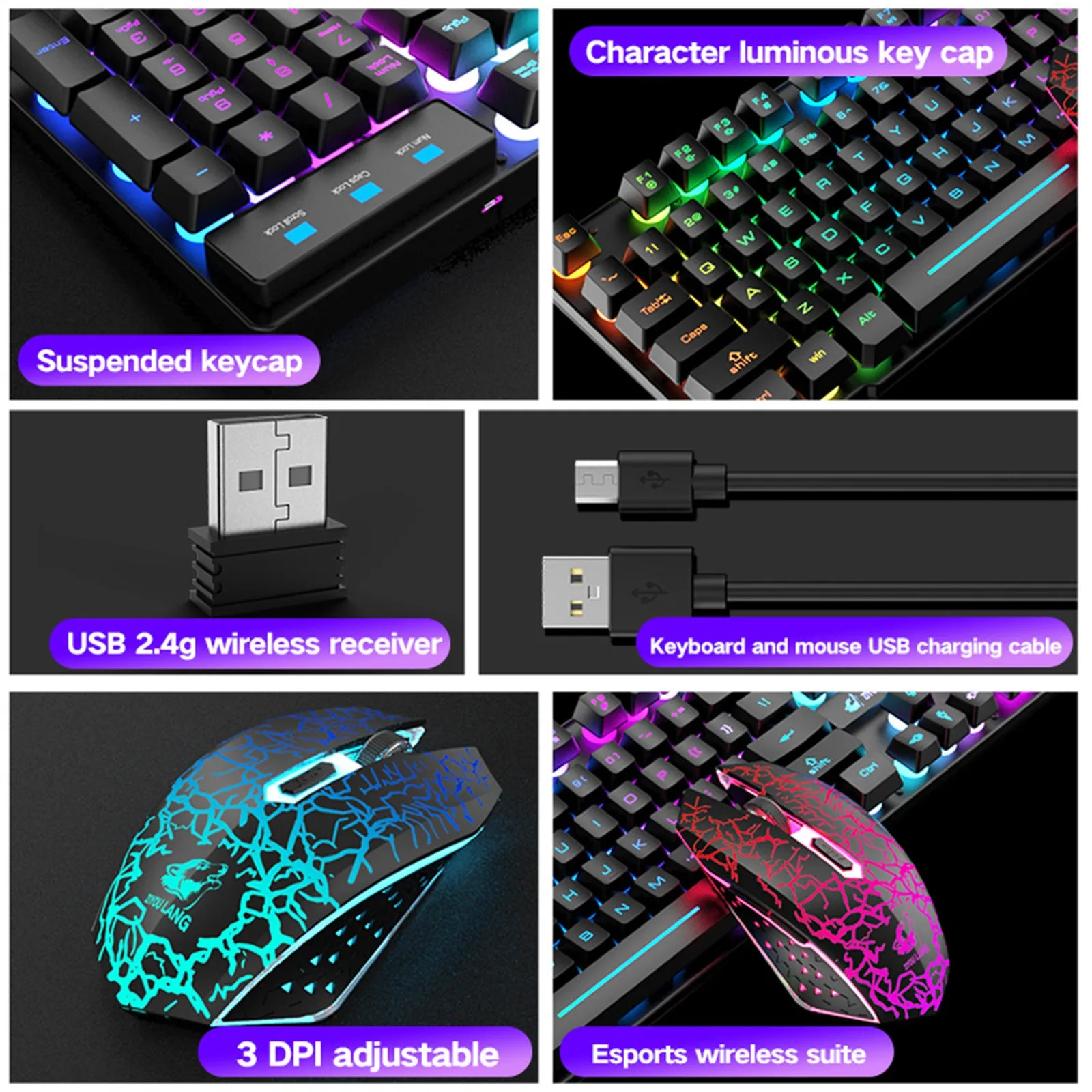 Беспроводной Gaming Keyboard И Мышь комбо с Радужный светодиодный подсветкой Rechargeablle