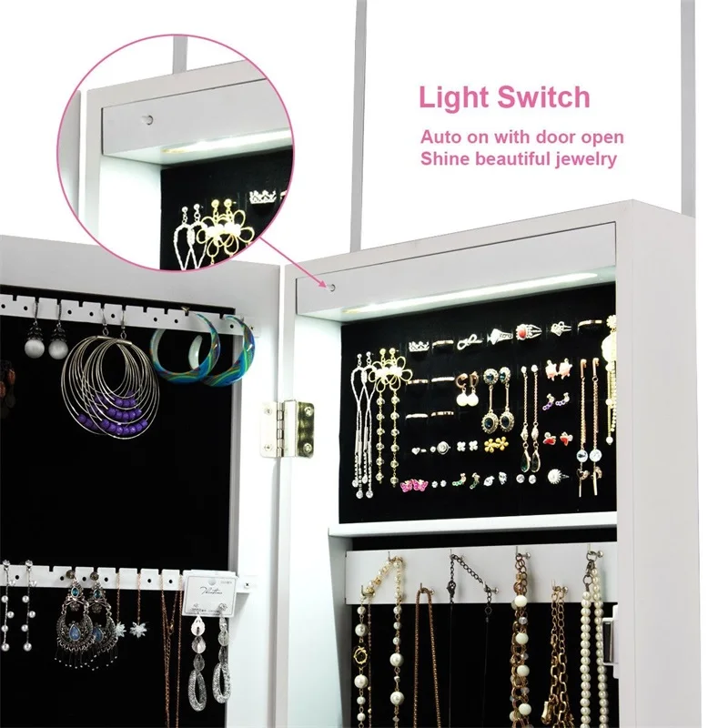 

Wall and Door Mirrored Jewelry Cabinet with LED Light Makeup Organizer White Jewelry Box Storage Box Organizer HW58924