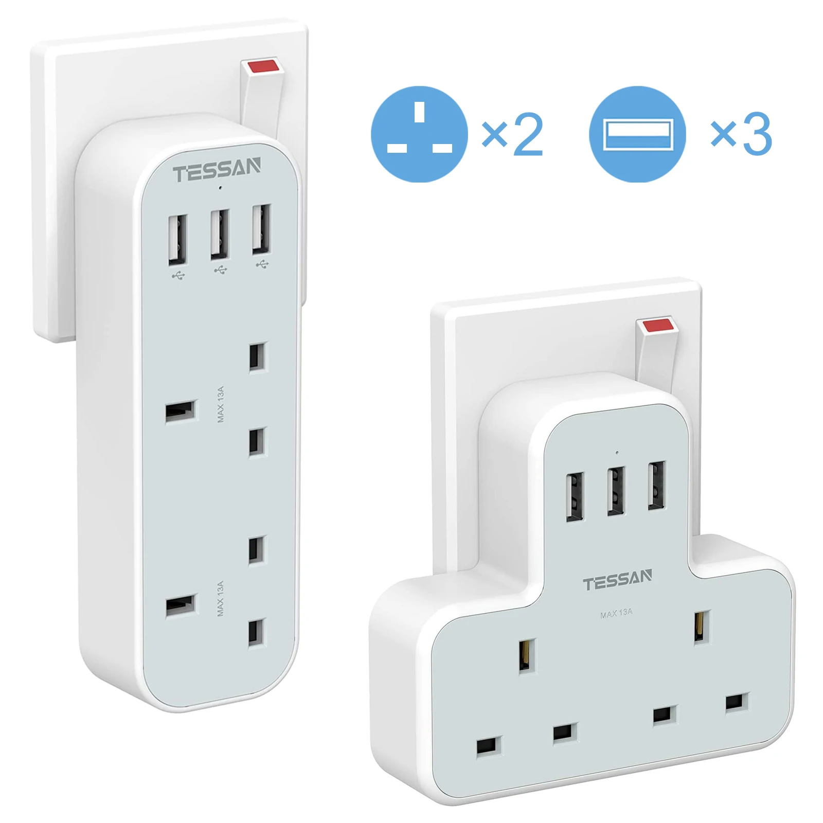 TESSAN Multiple Plug Exdersion Power Strip with 2 AC Outlets and 3 USB Charging Ports, UK Wall Socket Charger for Phone, Tablet
TESSAN Multiple Plug Exdersion Power Strip with 2 AC Outlets and 3 USB Charging Ports, UK Wall Socket Charger for Phone, Tablet