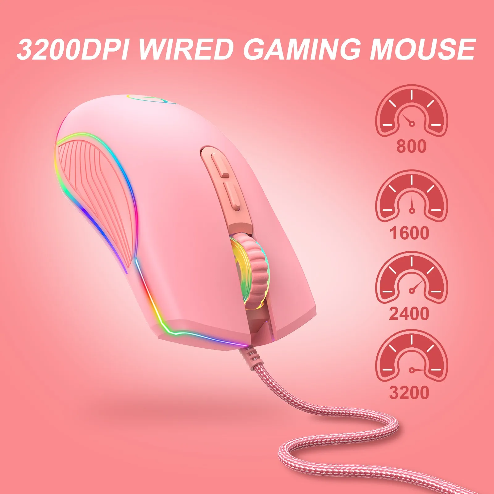 

RGB Lights Luminous Gaming Mouse Wired Type-C USB Plug 7 Buttons 4-Level DPI 800-3200 Gamer Mice Compatible Windows MAC OS Linux