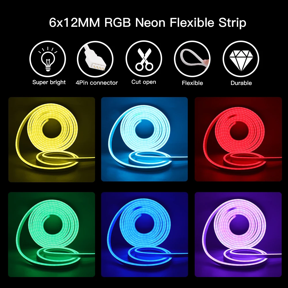 LED Neon Strip Light RGB 12V Wifi Bluetooth-compatible Remote Control Dimmable Silicone Lights EU US Power Kit Waterpoof Decor | Освещение