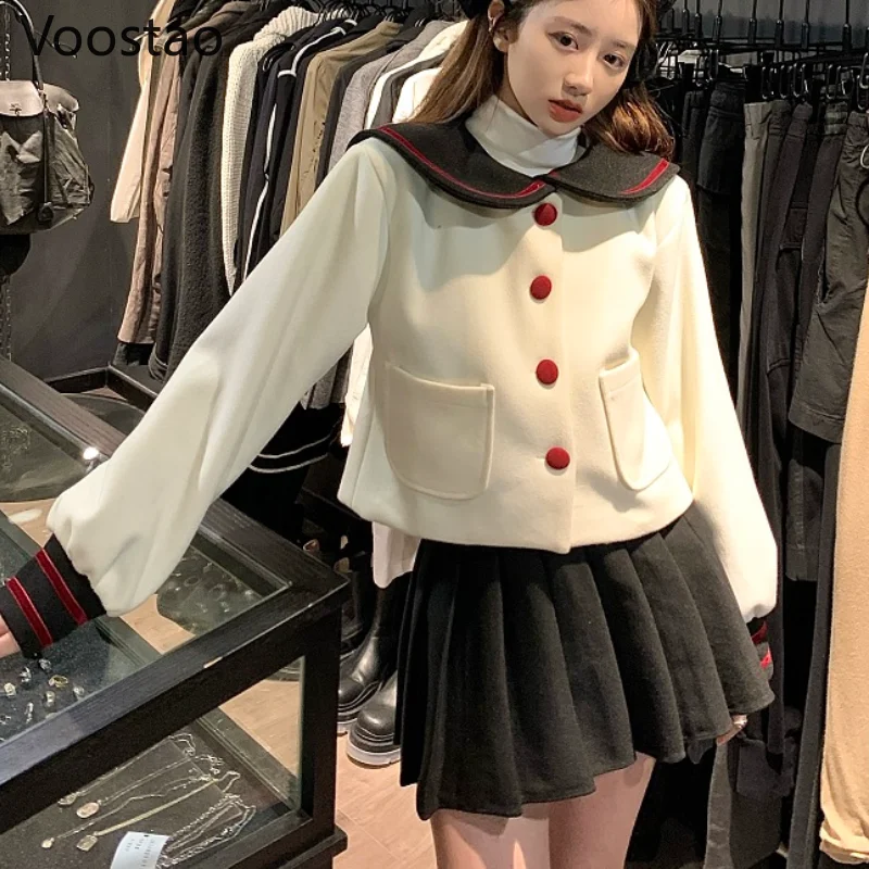 

Autumn Sweet Lolita Style Woolen 2 Piece Set Preppy Chic Peter Pan Collar Crop Tops Coat Mini Pleated Skirts Winter Women Suit