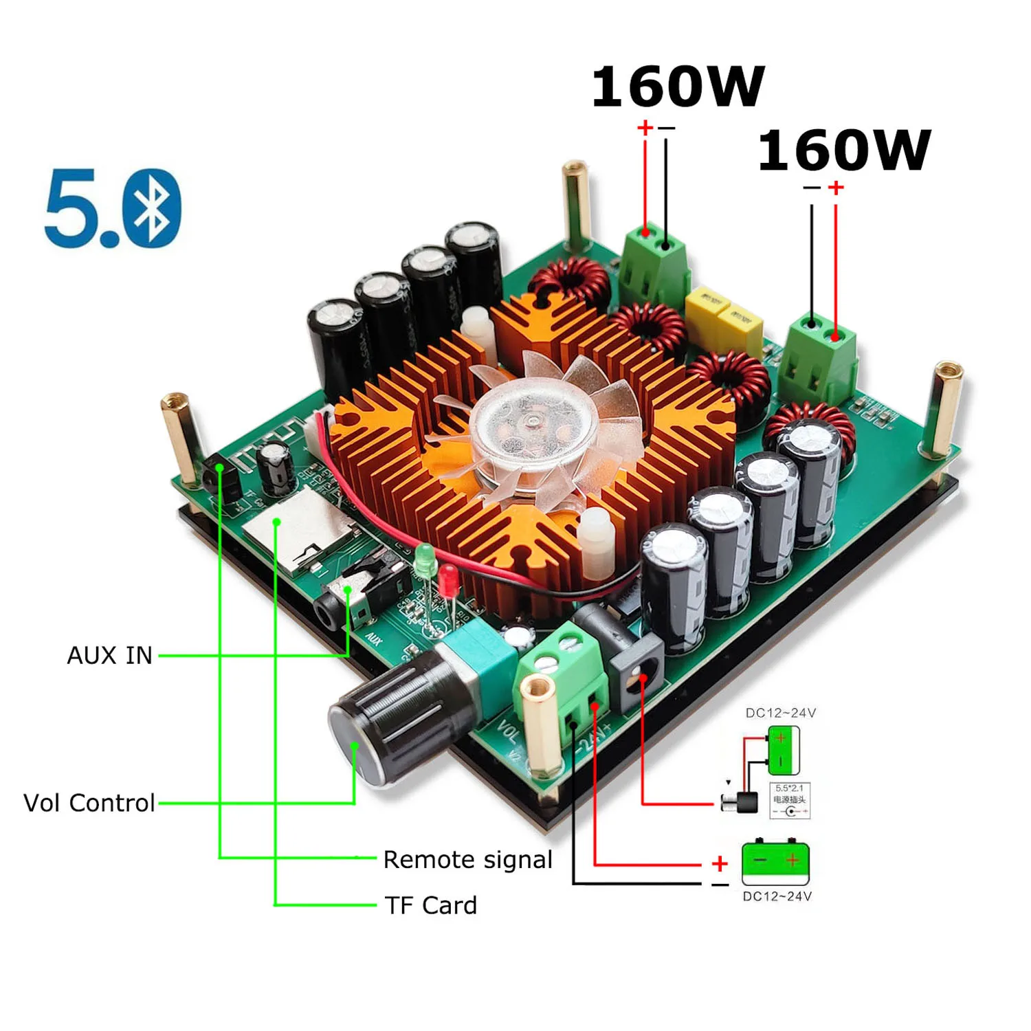 Digital Power Amplifier Board Bluetooth 5.0 Stereo2.0 TDA7498E 2x160W2 AUX/TF Input
Digital Power Amplifier Board Bluetooth 5.0 Stereo2.0 TDA7498E 2x160W2 AUX/TF Input