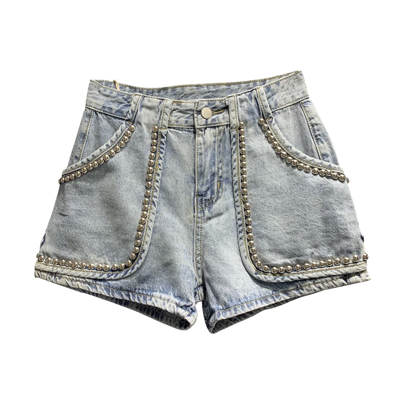 Fashion 2020 New Summer High Waist Rivet Beaded Denim Shorts Women's Straight-Leg Pants Loose Jeans Shorts Hot Pants