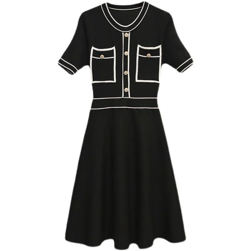Summer Dresses Elegant Buttons Design Short Sleeve A Line Knit Dress Women Black White
Summer Dresses Elegant Buttons Design Short Sleeve A Line Knit Dress Women Black White
