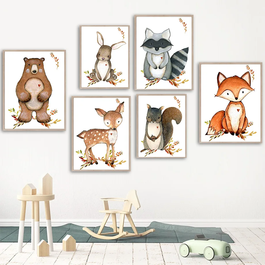 

Bunny Bear Sika Deer Fox Owl Raccoon Kawaii Wall Art Canvas Painting Nordic Posters And Prints Wall Pictures Kids Room Decor