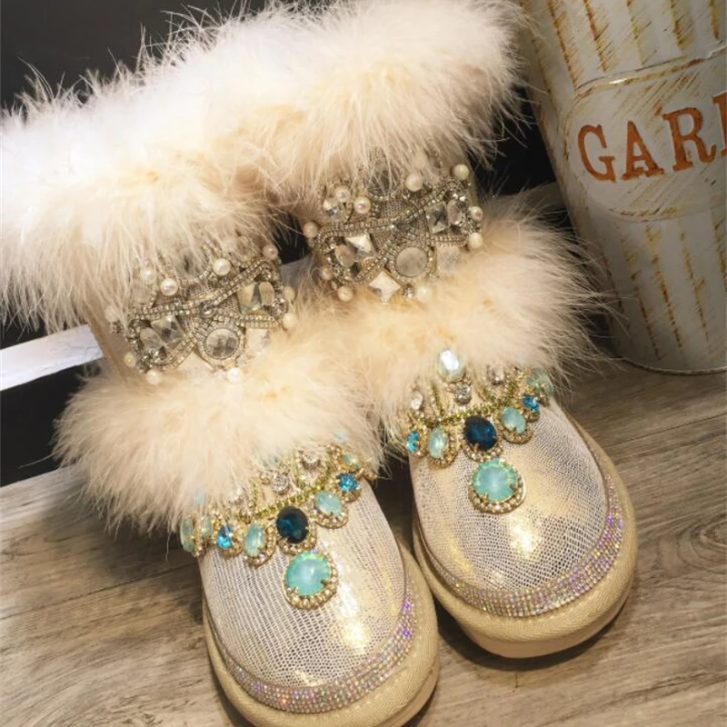Homemade original handmade rhinestone ostrich hair light gold leather fur one wool leather snow boots cotton boots
Homemade original handmade rhinestone ostrich hair light gold leather fur one wool leather snow boots cotton boots