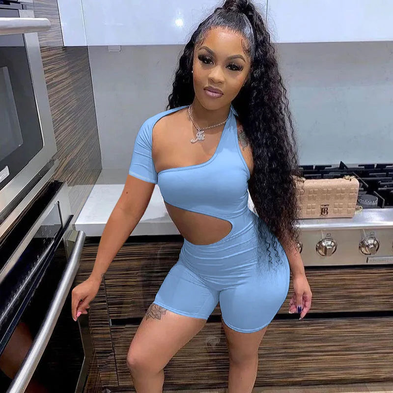 Casual Solid Elastic Skinny Rompers Women One Shoulder Cut Out Backless Active Playsuits Workout Summer Biker Shorts Playsuit
Casual Solid Elastic Skinny Rompers Women One Shoulder Cut Out Backless Active Playsuits Workout Summer Biker Shorts Playsuit