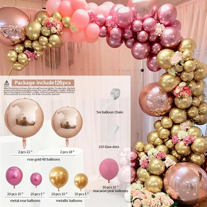 

126pcs Chrome Gold Pink Balloons Garland Arch Kit 4D Rose Confetti Latex Balloon for Wedding Birthday Party Decor Baby Shower