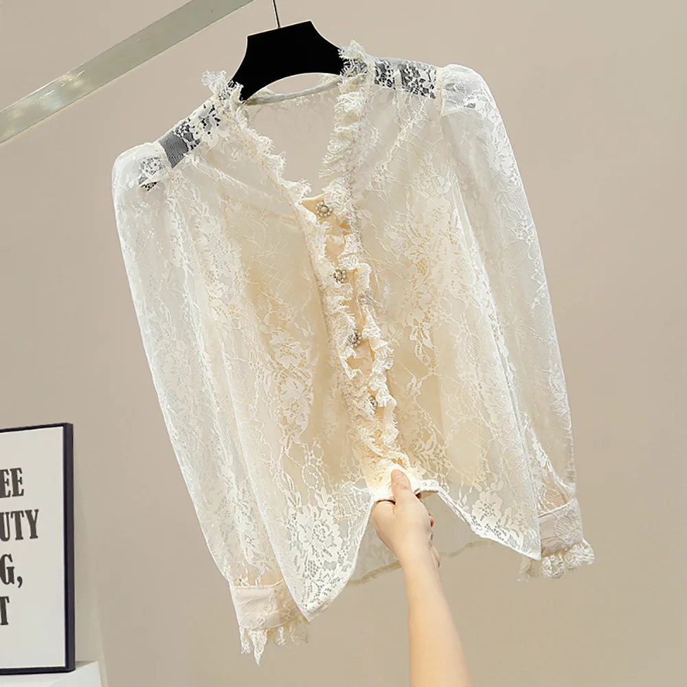 Vintage Elegant Pearl Button Up Ruffle Puff Long Sleeve Lace Women Blouses Loose Baggy Stand Collar Shirts Autumn Spring Tops
Vintage Elegant Pearl Button Up Ruffle Puff Long Sleeve Lace Women Blouses Loose Baggy Stand Collar Shirts Autumn Spring Tops